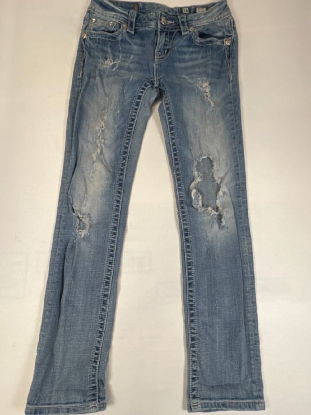 Miss Me Women 26 Straight Leg Distressed Jeans Embellished Pockets Blue Stretch